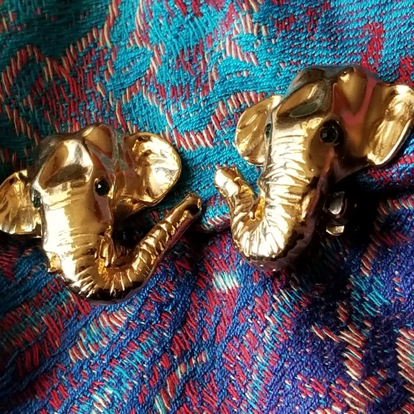 Relisted - Elephant clip earrings gold tone green eyes chunky - Picture 5 of 9
